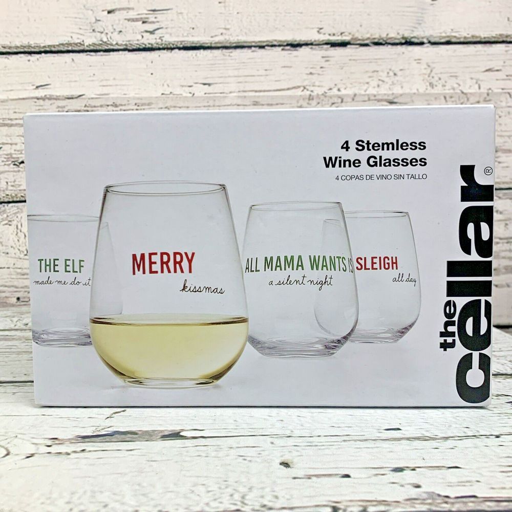 The‎ Cellar Stemless Wine Glasses Set of 4 Christmas Holiday Sayings New